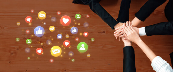 Concept of digital marketing and online communication. A network of user engagement is shown through social media feedback notifications which helps build a strong community. Fermion