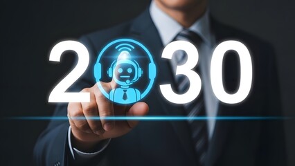 Man in a suit touches the year 2030 displaying a friendly ai chatbot icon.