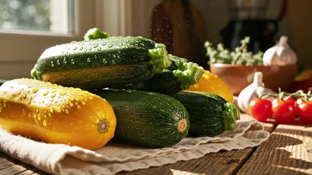 Fresh Harvest Still Life Featuring Zucchini and Yellow Squash On Rustic Table Top