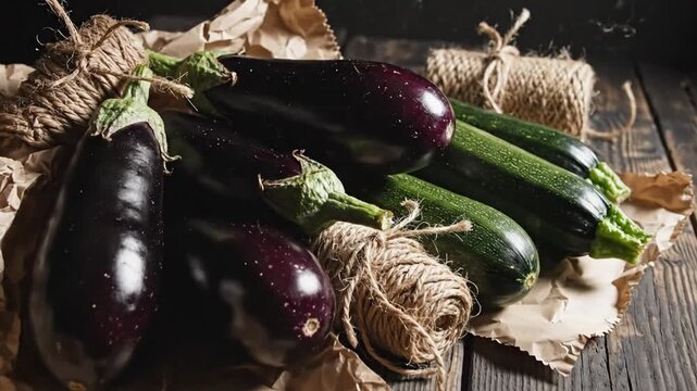 Fresh Eggplants And Zucchini On A Rustic Wooden Table Displaying Farm To Table Still Life