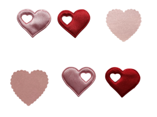 Valentine Day heart collection, red glitter and pink satin patches, plush textile hearts with flowers and handwritten I love you