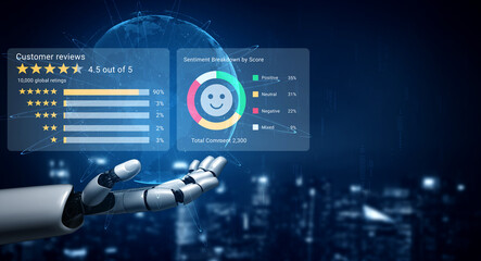 A futuristic robot hand showcases customer review statistics and sentiment analysis on a digital display, highlighting feedback trends over a city backdrop. Gantry