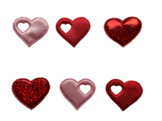 Valentines day hearts set, red glitter sequins and pink satin heart shaped patches on gray background, romantic holiday decor