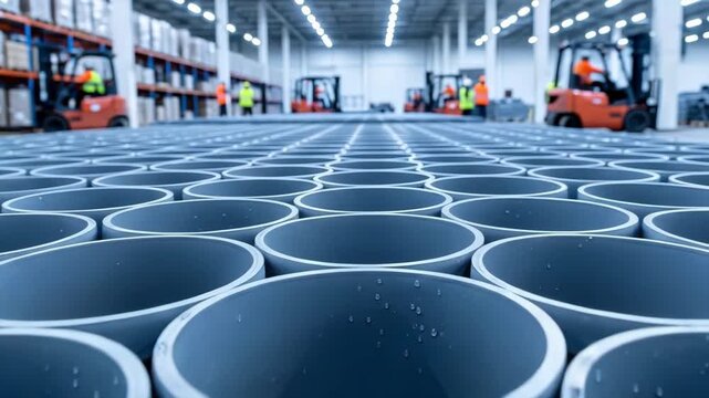 Close-up of gray plastic drainage pipes arranged in rows. Industrial factory warehouse with forklifts and workers in the background. Manufacturing and construction materials concept