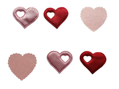 Valentine Day heart collection, red glitter and pink satin patches, plush textile hearts with flowers and handwritten I love you