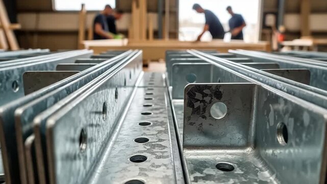 Close-up of galvanized steel brackets in a manufacturing workshop. Industrial metal parts for construction with factory workers blurred in the background