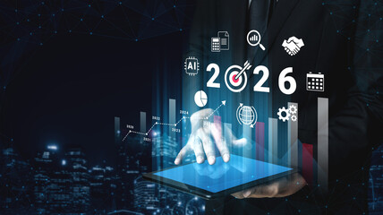 Bar graphs, charts, and number 2026 with AI and data analysis icons symbolizing future business innovation and analytics Parse