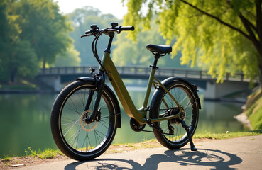 Fototapeta premium Modern green e-bike stands on a sunny park path. Electric bicycle is ready for ride near water with a bridge and green trees in background. Eco friendly transport for urban cycling and recreation.