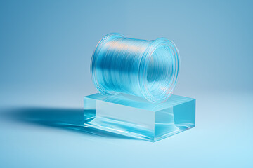 A single fiber-optic spool sits on a neutral acrylic block. The spool has a transparent appearance and reflects light. The background is a soft blue color, creating a simple and clean scene.
