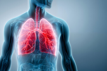 Transparent human torso shows internal organs with emphasis on lungs and respiratory structure in a medical setting