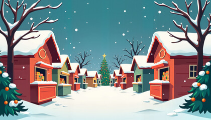 Winter village with snow-covered houses and Christmas tree
