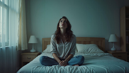 Fototapeta premium Woman sitting on bed, looking up, in a dimly lit room 