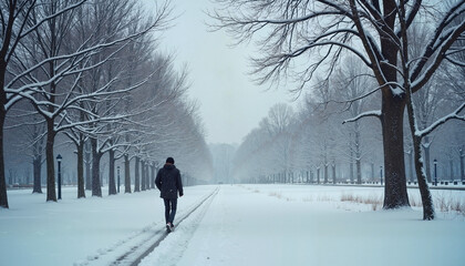 Person walking in snow-covered park
