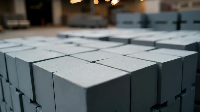 A close-up of stacked grey concrete blocks in a warehouse. Slow pan shot showing the rough texture of industrial construction materials. Manufacturing and building industry concept