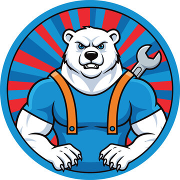 Furious polar bear mechanic mascot showcasing strength with a trusty wrench