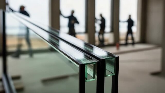 Close-up of an insulated glass unit on a construction site. Silhouettes of workers installing windows in the background. Modern building and glazing technology