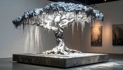 Abstract silver tree sculpture in modern art gallery high resolution design