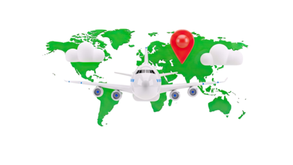 Airplane flying over world map with destination marker