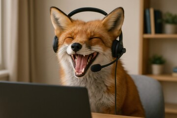 Obraz premium Fox wearing a headset with a microphone, sitting at a desk with a laptop, laughing and enjoying remote work
