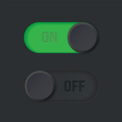 Toggle switch with ON and OFF state in dark UI style for setting, dashboard, control panel and user interface design elements for web and mobile app