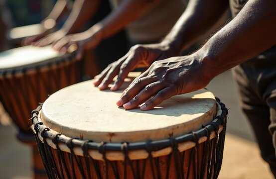 Close up photo of hands drumming on atabaque drum. Black hands play ethnic musical instrument. Man drumming on traditional Brazilian percussion. Musical performance, culture, rhythm at musical