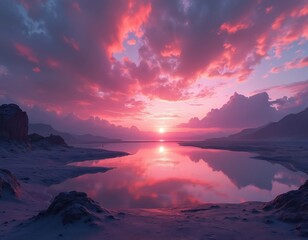 Dreamlike sunset scenery reflects in tranquil lake. Fiery pink clouds fill the sky creating a magical panorama. Stunning nature landscape features mountains horizon at dusk.