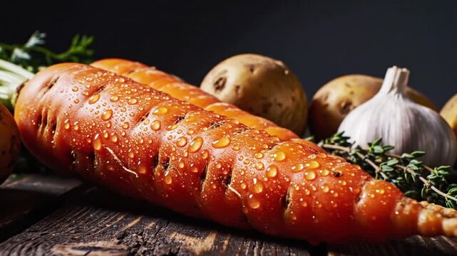 Fresh Organic Carrots Potatoes And Garlic Display With Water Droplets On Rustic Wood Surface