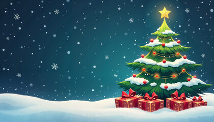 Fototapeta premium Christmas tree with gifts in snowy winter background 