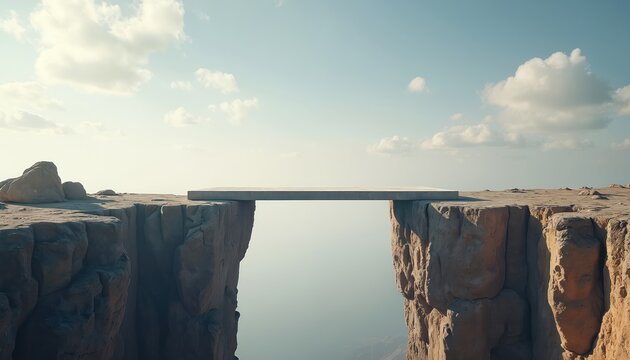 Illustration of bridge between cliffs represents connection and overcoming obstacles. Concrete platform spans gap symbolizing journey progress. Concept image for business strategy growth and vision