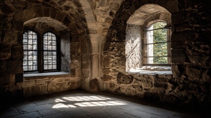 Fototapeta premium Exploring the Interior of a Medieval Castle With Stone Walls and Soft Light Filtering Through the Windows at a Quiet Time of Day