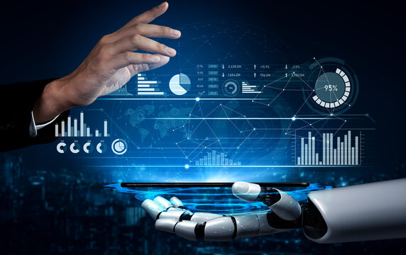 This image showcases a human hand reaching towards a robotic arm, set against a backdrop of digital data visualizations, representing the merging of technology and human interaction. Scalp - Powered by Adobe