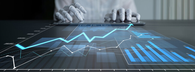 A business professional uses a tablet to interact with digital graphs and statistics, highlighting data analytics and growth trends in a modern office setting. Scalp