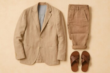 Men's beige linen blazer, trousers, and brown leather sandals displaying a stylish, comfortable warm weather attire