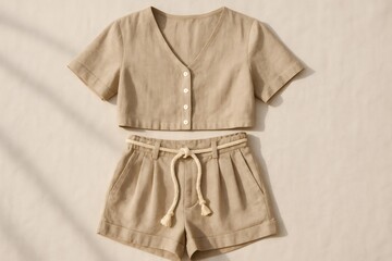 Two piece beige linen outfit featuring a short sleeved crop top and matching shorts with a rope belt, highlighting summer fashion