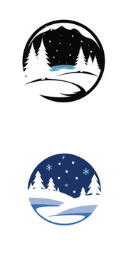 Winter landscape logo design with trees and snow-covered hills  
