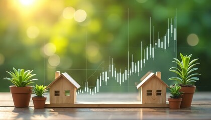 Miniature wooden houses sit near potted plants beside upward trending financial graph. Represents real estate investment, property growth. Nature background eco-friendly development, bright future.
