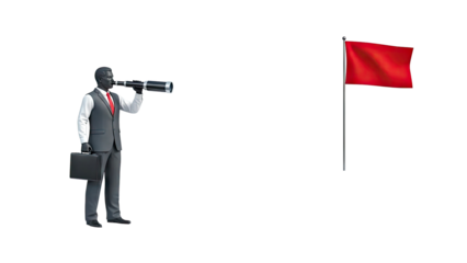 Businessman with spyglass looks towards red flag