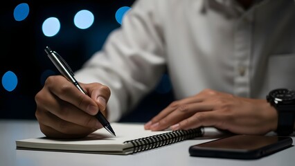 Businessman in formal attire writing notes in a notebook while sitting at a desk