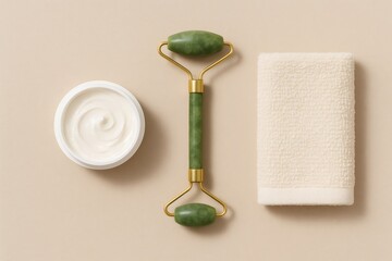 Beauty routine featuring a jade roller, soft towel, and moisturizing cream, promoting relaxation and wellbeing