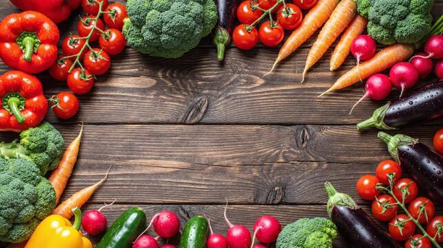 Fresh Organic Vegetables Frame On Wooden Tabletop Background For Health And Wellness