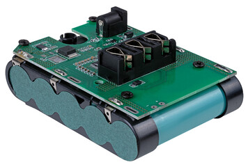 Battery for a popular construction screwdriver without a housing. Isolated background.