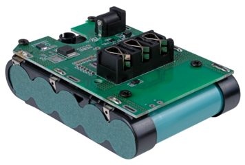 Battery for a popular construction screwdriver without a housing. Isolated background.