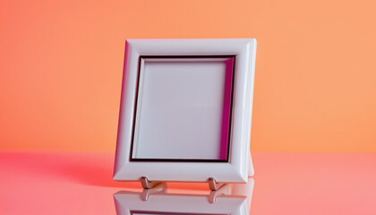 Glossy enamel photo frame rotating against vibrant, neon-hued backdrop