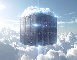 Floating server cube connected by light beams, cloud computing concept, white background