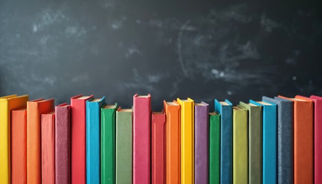 Horizontal row of assorted colorful hardcover books neatly arranged against textured black blackboard backdrop. Variety of shades visible including yellow orange pink red blue, green spines. Books