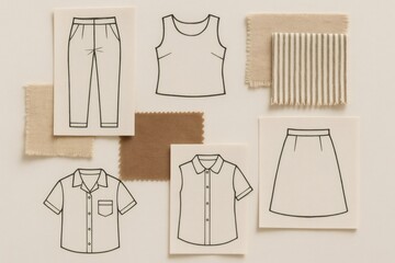 Creating apparel design layouts with fashion flat sketches and textile swatches, inspiring a new garment collection