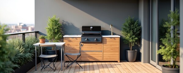 Naklejka premium Modern urban balcony outdoor kitchen setup features sleek grill, convenient sink, stylish wooden cabinets. Compact dining table, chairs with potted green plants create cozy atmosphere. Cityscape view