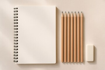 Blank spiral notebook, a row of pencils, and an eraser lying on a beige surface, creating a minimalist art supply concept