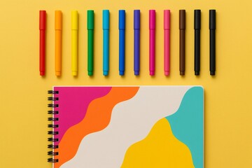 Row of various color markers above a stylish notebook with abstract wavy design on bright yellow background, representing creativity