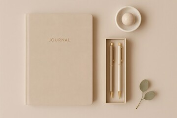 Neutral colored journal and elegant pen set arranged subtly on a pastel background, enhancing concepts of planning and writing